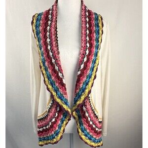 Grannycore Cardigan Open Front Rainbow Cream Sweater Lightweight Cottage Sz S